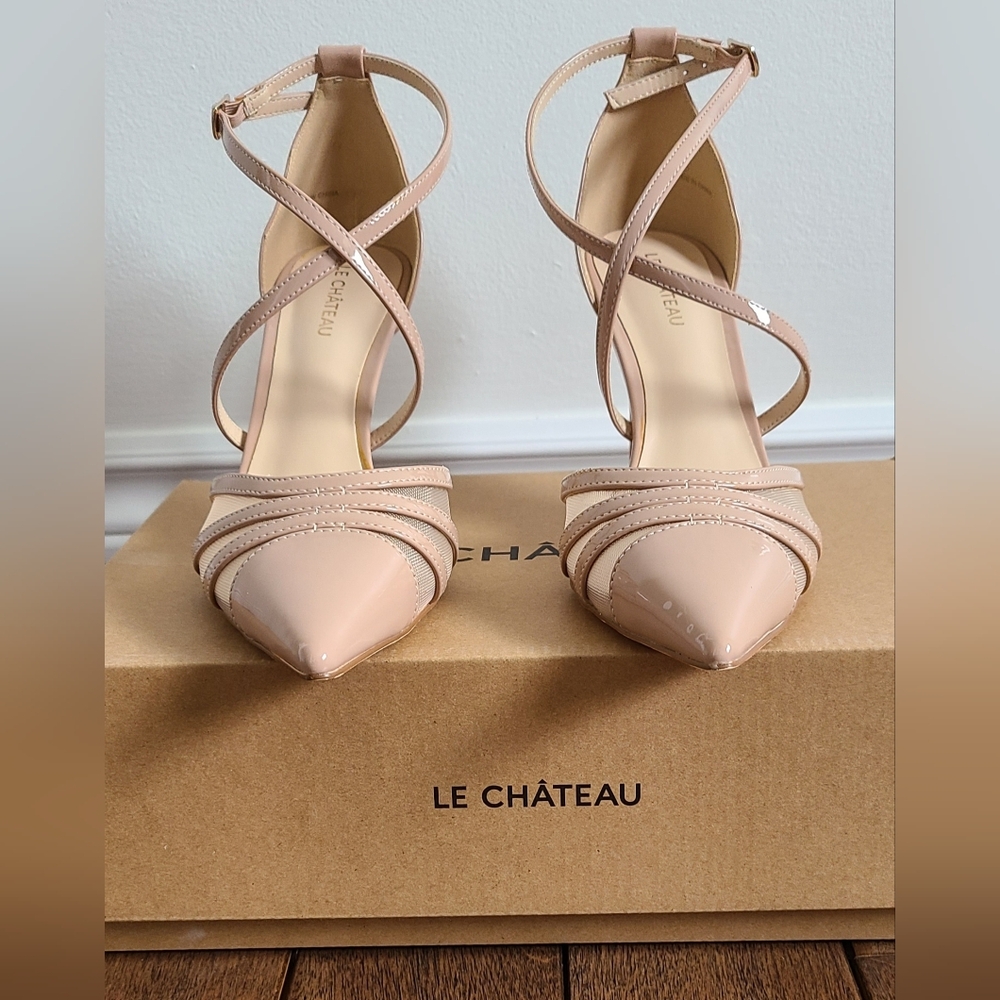 le chateau Nude Patent Pointed-Toe Strappy Ankle Pumps - Picture 2 of 16